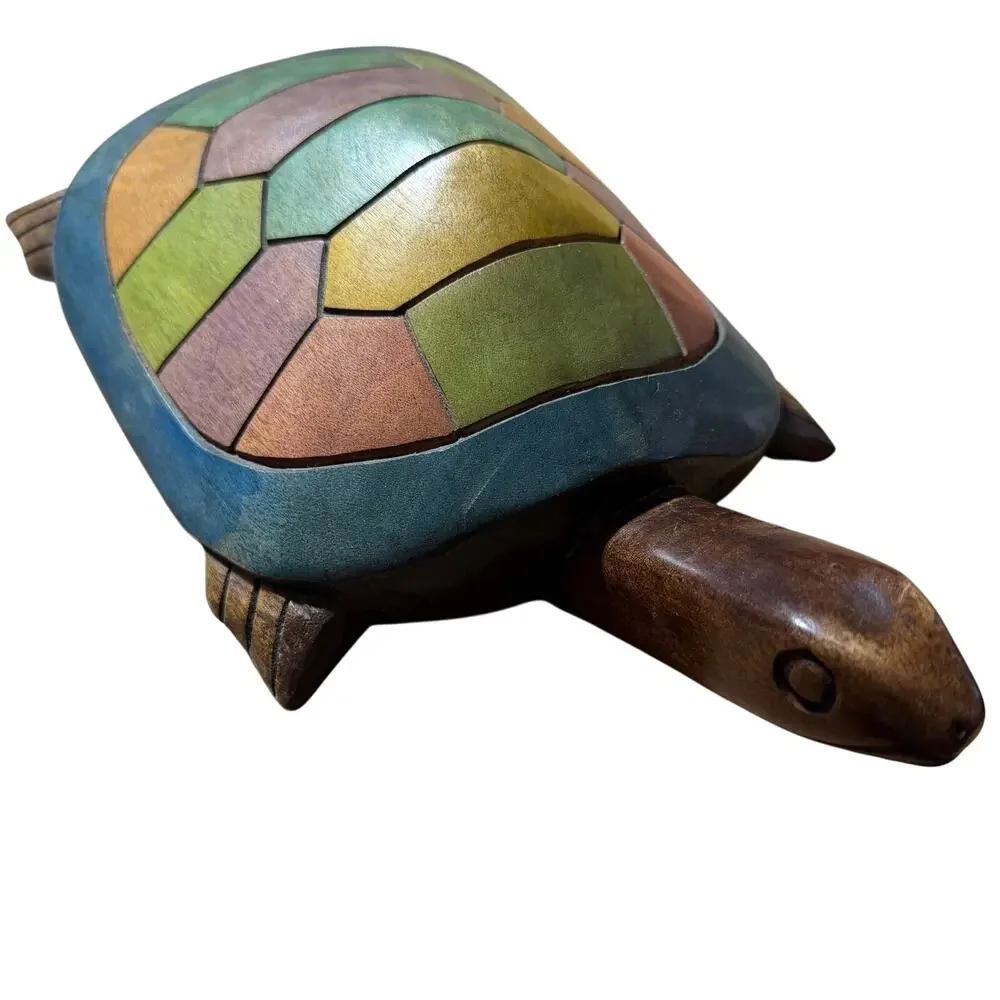 Hand Carved Wood Turtle Figurine Colorful Mosaic Shell Sculpture Folk Art Decor